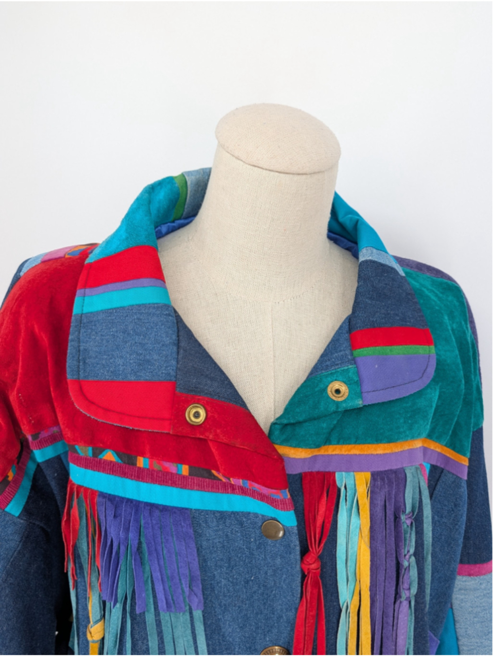 Vtg 90s Santa Fe Re-Creations L Mixed-Media Denim Suede Fringe Patchwork Jacket - Picture 12 of 16